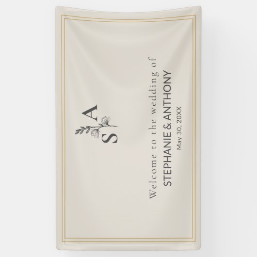 Minimalistische Beige Monogram Wildflower Wedding Spandoek (Verticaal)