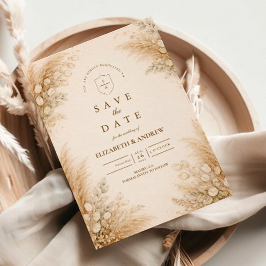 Minimalistische Beige Pampasgras Bruiloft Save The Date