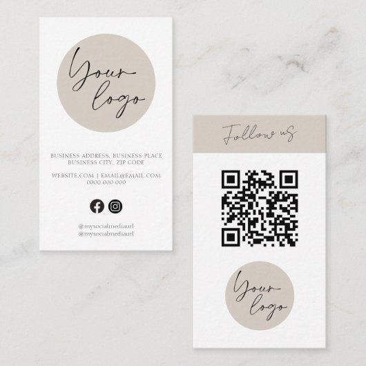 Minimalistische Beige QR Code Logo Visitekaartje (Voorkant / Achterkant)