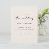 Minimalistische Beige Script Trouwfoto Kaart (Staand voorkant)