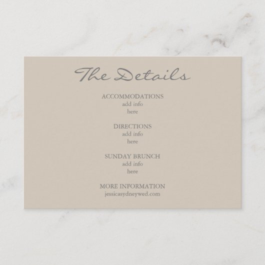 Minimalistische Beige Taupe Script bruiloft detail Informatiekaartje (Voorkant)