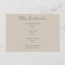 Minimalistische Beige Taupe Script bruiloft detail Informatiekaartje