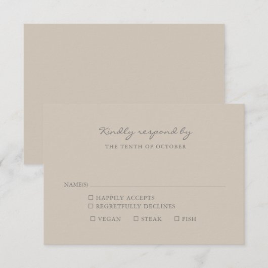 Minimalistische Beige Taupe Script Maaltijdkeuze RSVP Kaartje (Voorkant / Achterkant)