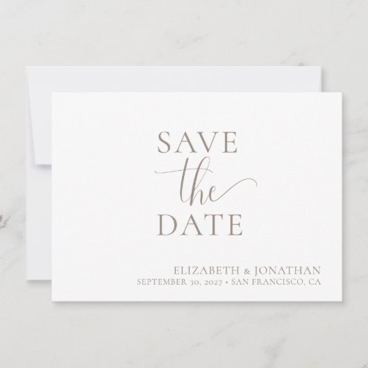 Minimalistische Beige Witte Bruiloft Save The Date Kaart (Voorkant)