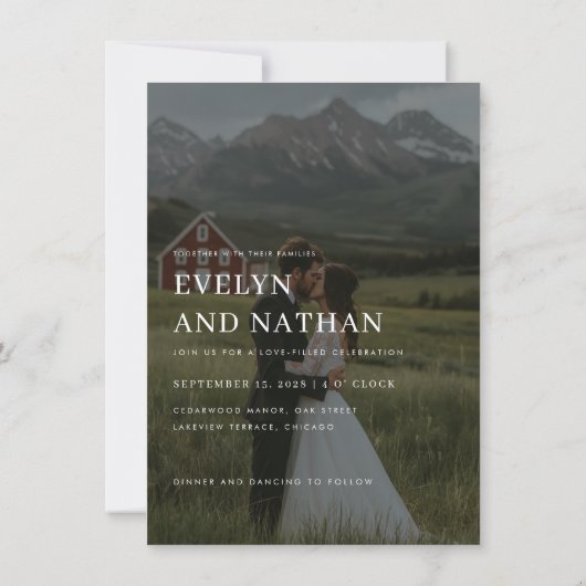 Minimalistische berg bestemming foto bruiloft kaart (Achterkant)