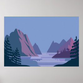 Minimalistische berg- en meerlandschapscène poster