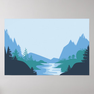 Minimalistische berg- en rivierlandschap poster