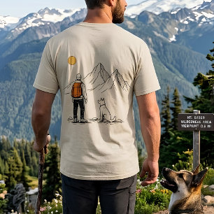 Minimalistische bergavontuur van wandelaar en hond t-shirt