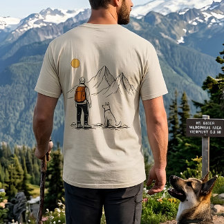 Minimalistische bergavontuur van wandelaar en hond t-shirt