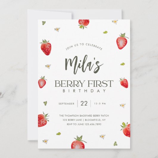 Minimalistische Berry eerste verjaardag uitnodigin Kaart (Voorkant)