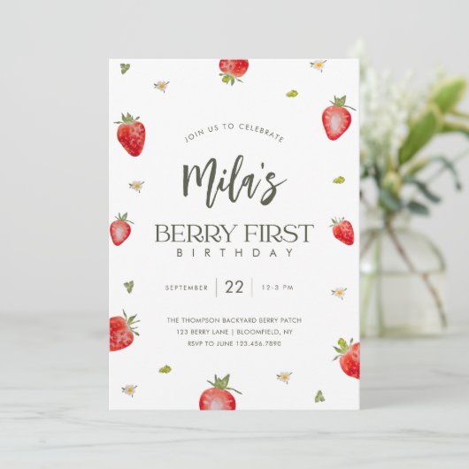 Minimalistische Berry eerste verjaardag uitnodigin Kaart (Staand voorkant)