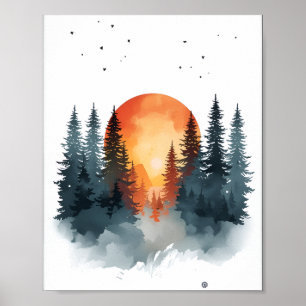 Minimalistische besneeuwde dennenbos zonsondergang poster