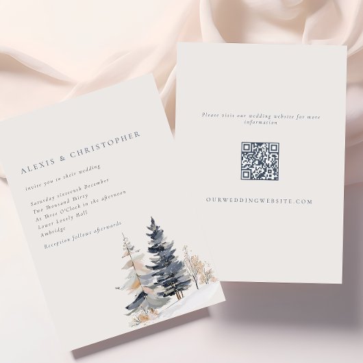 Minimalistische besneeuwde winterbomen QR Code Wed Kaart