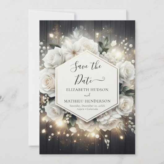 Minimalistische bewerkbare witte rozen bruiloft save the date (Voorkant)
