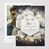 Minimalistische bewerkbare witte rozen bruiloft save the date (Voorkant / Achterkant)
