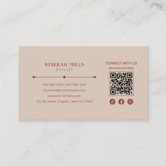 Minimalistische Biege Pattern Haarstylist QR-code Visitekaartje (Voorkant)