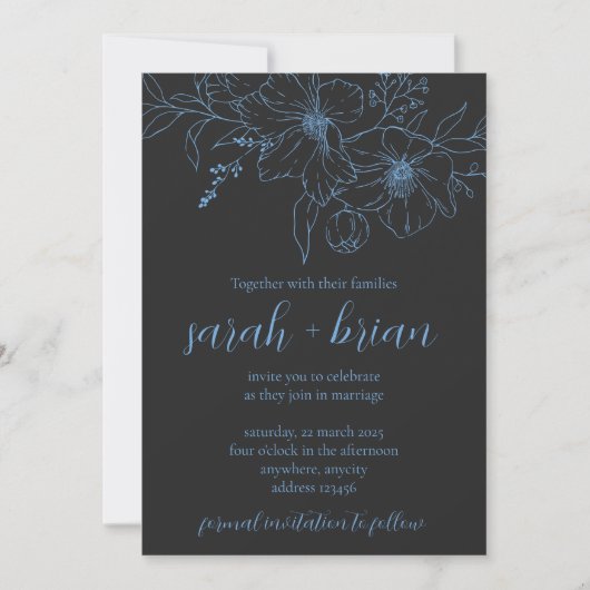 Minimalistische Black and Blue Wedding Invitation  Kaart (Voorkant)