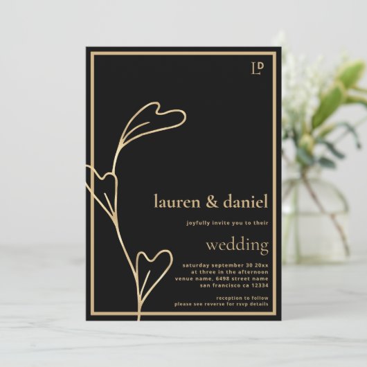 Minimalistische Black and Gold bruiloft uitnodigin Kaart (Staand voorkant)