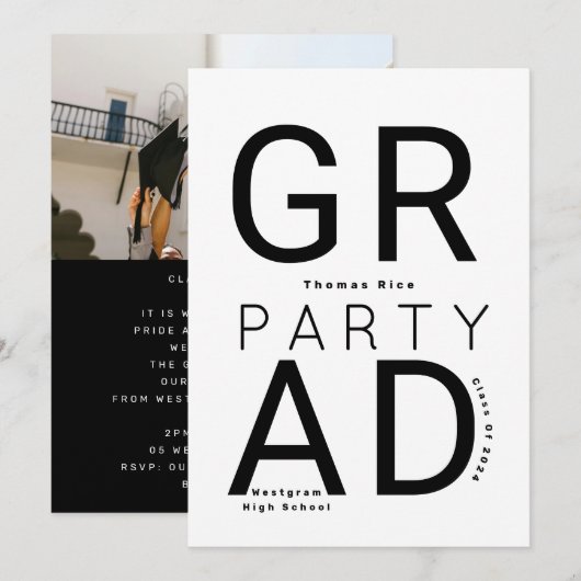 Minimalistische Black and White Afstuderen Invitat Kaart (Voorkant / Achterkant)