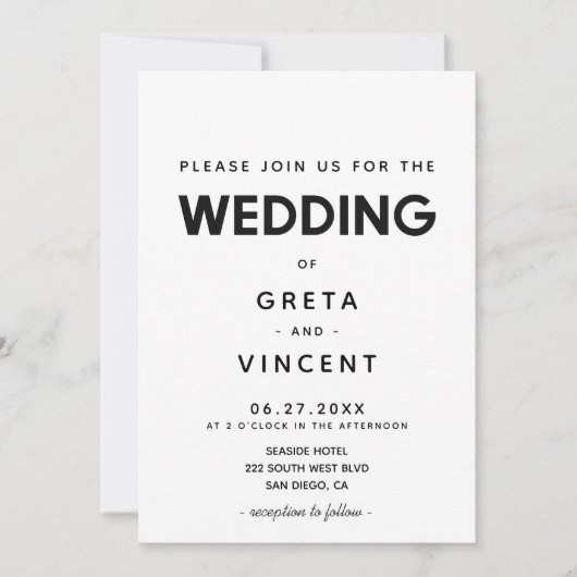 Minimalistische Black and white bruiloft uitnodigi Kaart (Voorkant)