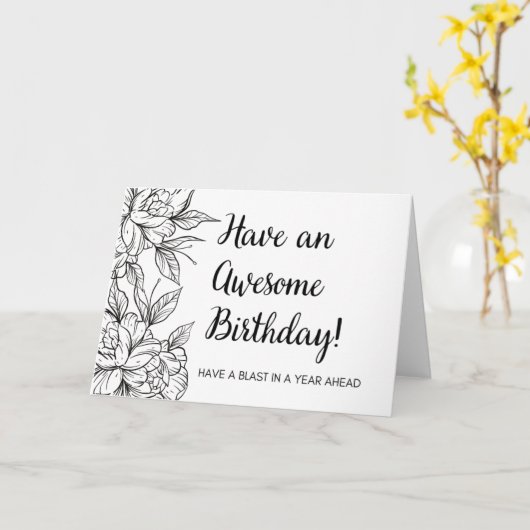 Minimalistische Black and White Happy Birthday Kaart (Gele Bloem)