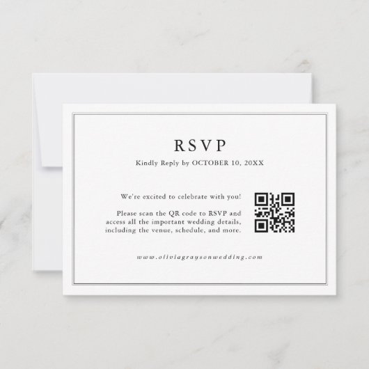 Minimalistische Black and White Leaf moderne QR-co RSVP Kaartje (Voorkant)