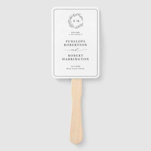 Minimalistische Black and White Leaf Wedding Timel Handwaaier (Voorkant)