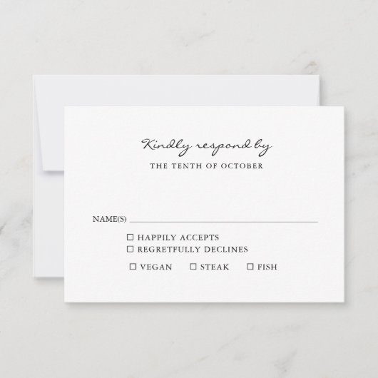 Minimalistische Black and White Script Maaltijdkeu RSVP Kaartje (Voorkant)