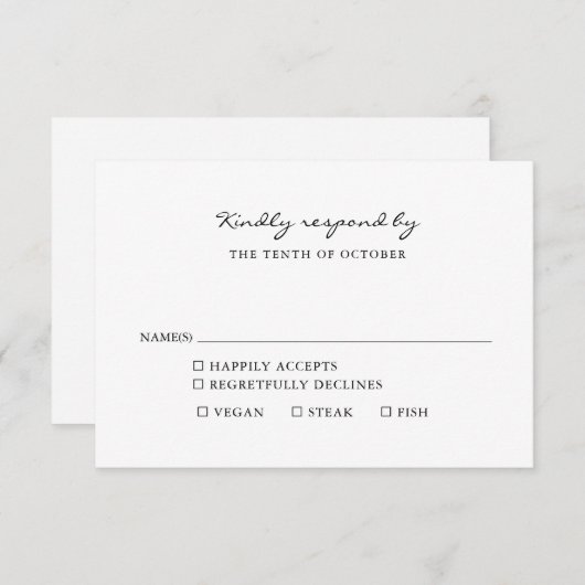 Minimalistische Black and White Script Maaltijdkeu RSVP Kaartje (Voorkant / Achterkant)