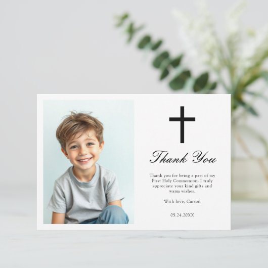 Minimalistische Black Cross Boys Eerste Communie F Bedankkaart (Staand voorkant)