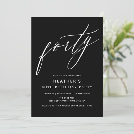Minimalistische Black Forty 40h Verjaardagsfeestje Kaart (Staand voorkant)