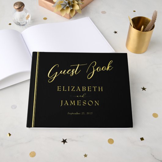 Minimalistische Black Gold Foil Wedding Guestbook Gastenboek (Voorkant open)