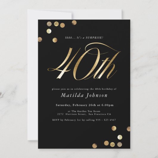 Minimalistische Black Gold Surprise 40e verjaardag Kaart (Voorkant)