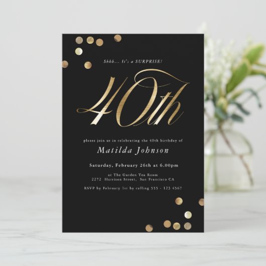 Minimalistische Black Gold Surprise 40e verjaardag Kaart (Staand voorkant)
