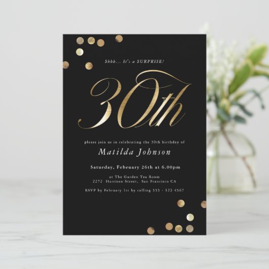 Minimalistische Black Gold Verrassing 30e Verjaard Kaart (Staand voorkant)