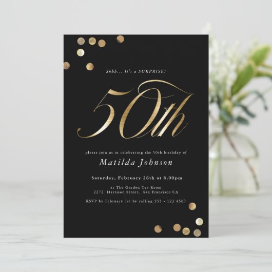 Minimalistische Black Gold Verrassing 50e Verjaard Kaart (Staand voorkant)