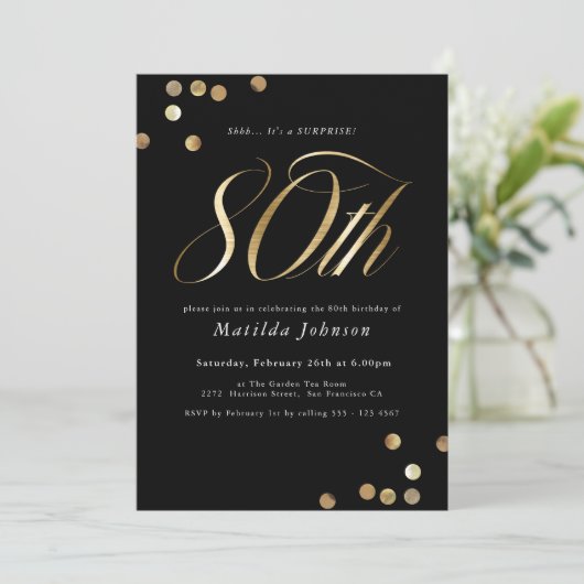 Minimalistische Black Gold Verrassing 80ste Verjaa Kaart (Staand voorkant)