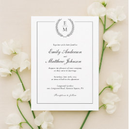 Minimalistische Black Laurel bruiloft uitnodiging