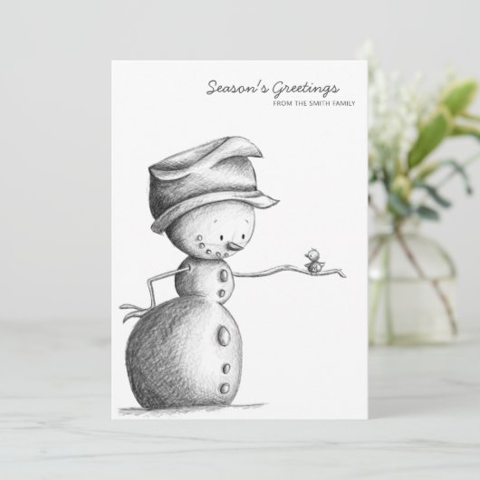 Minimalistische Black Pencil Snowman Bird Kerstmis Feestdagenkaart (Staand voorkant)