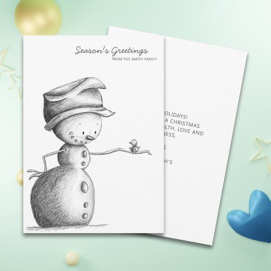 Minimalistische Black Pencil Snowman Bird Kerstmis Feestdagenkaart