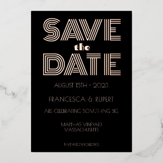 Minimalistische Black Rose Gouden Art Deco Save Th Folie Uitnodiging (Voorkant)