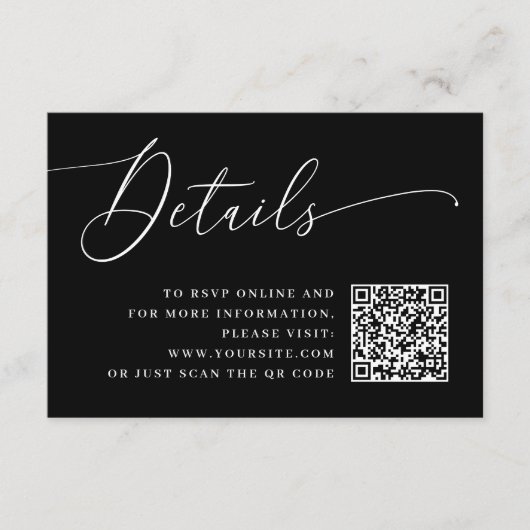 Minimalistische Black Script Wedding Info met QR-c Informatiekaartje (Voorkant)