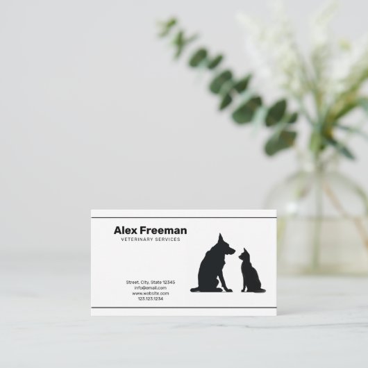 Minimalistische Black & White Kat Hond Dierenarts Visitekaartje (Staand voorkant)