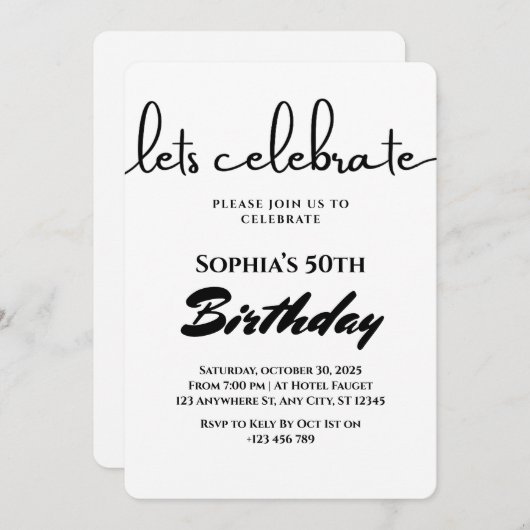 Minimalistische Black & White verjaardagsuitnodigi Kaart (Voorkant / Achterkant)