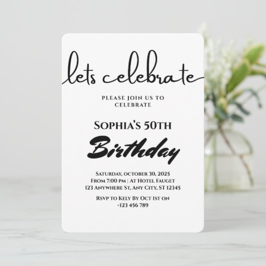 Minimalistische Black & White verjaardagsuitnodigi Kaart (Staand voorkant)