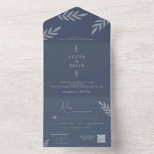 Minimalistische bladeren delicate bruiloft all in one uitnodiging (Binnen)