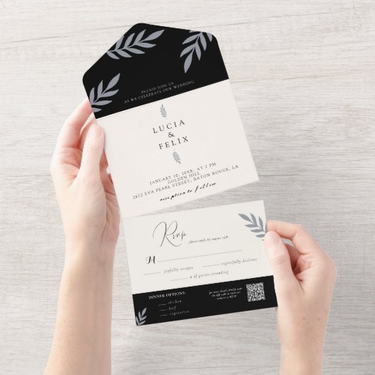 Minimalistische bladeren delicate bruiloft all in one uitnodiging (Afscheurbaar)