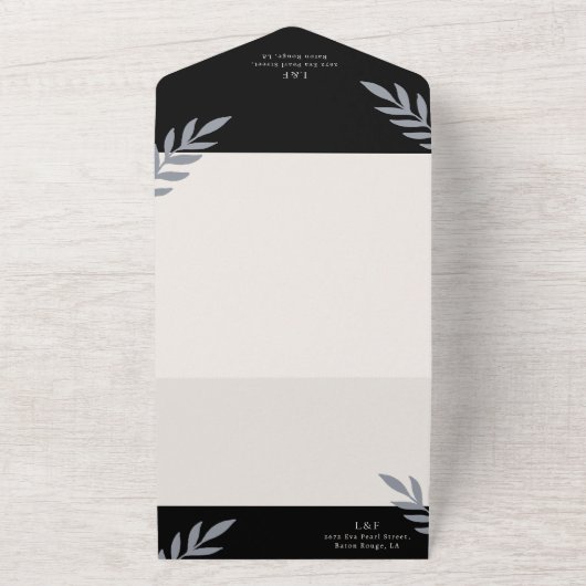 Minimalistische bladeren delicate bruiloft all in one uitnodiging (Buitenkant)