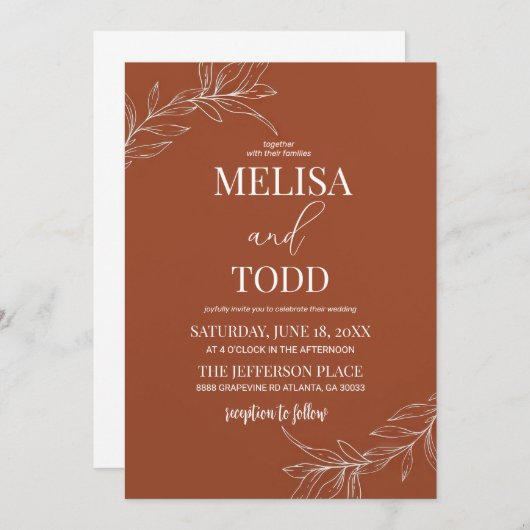 Minimalistische bladeren en takken bruiloft uitnod kaart (Voorkant / Achterkant)