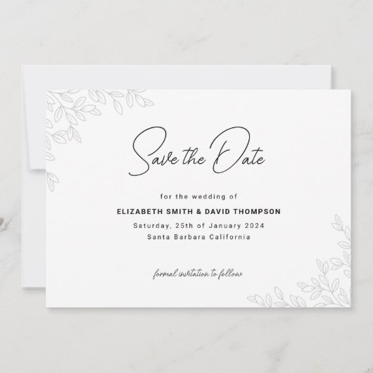 Minimalistische bladeren & fotoscript eindelijk br save the date (Achterkant)